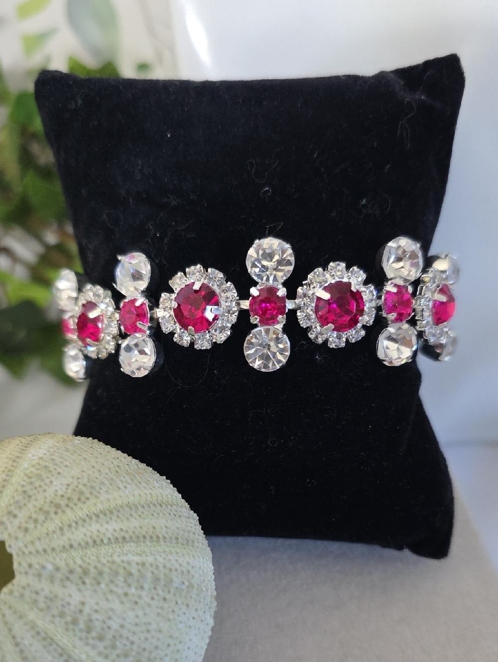 Fuchsia Pink & Crystal Halo Statement Bracelet | Silver Tone